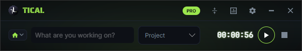 Tical in compact mode: a single thin strip holding the context icon, an empty description box, a project picker, a running timer at 56 seconds, a start button and a stop button.