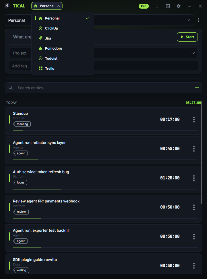 The Tical context switcher open from the title bar, listing Personal, ClickUp, Jira, Pomodoro, Todoist and Trello contexts with Personal ticked as active, above the composer and the day's entries totalling 5 hours 27 minutes.