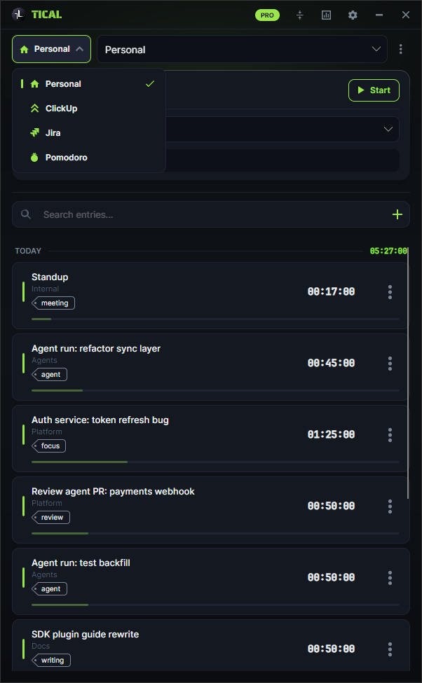 The Tical context switcher open, listing Personal, ClickUp, Jira and Pomodoro contexts, with Personal ticked as active.